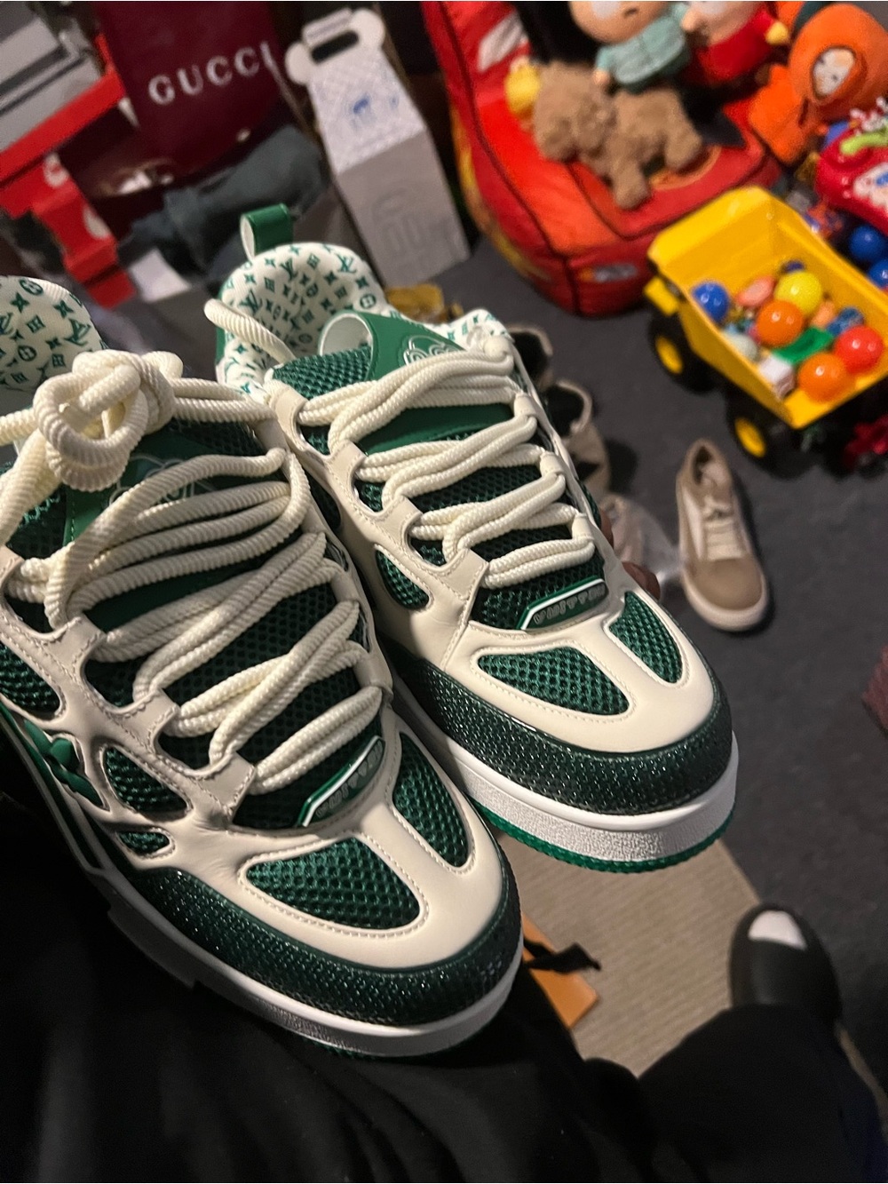 Louis Vuitton Kids Green and Cream Mesh Sneakers